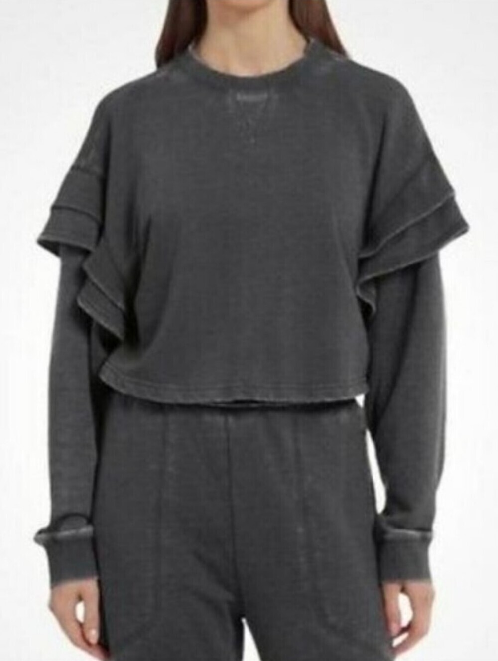 7FAMK 7 For All Mankind Women's Cropped Ruffle Shoulder Dark Gray Sweatshirt